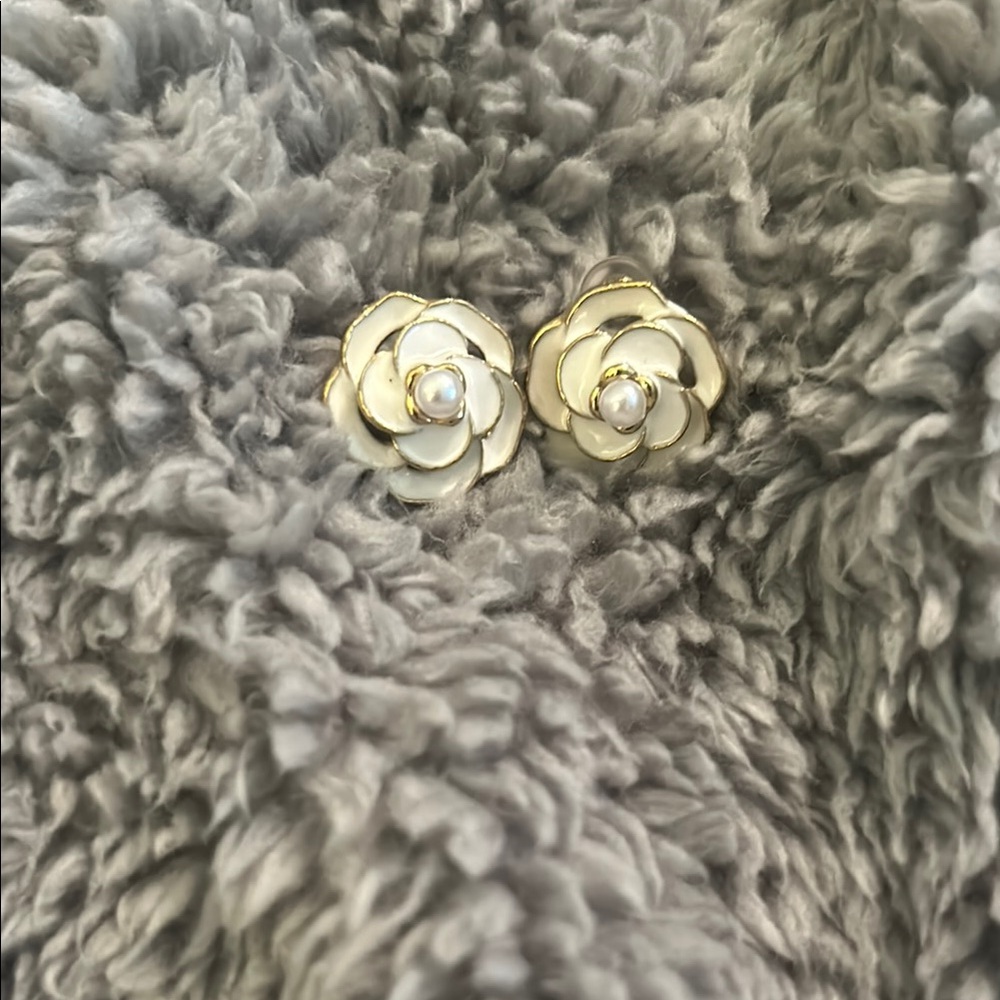 Elegant Gold and White Camellia Earrings